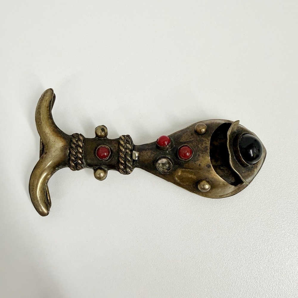 Vintage Betancourt Brass Fish Belt Buckle Made in Mexico Black & Red Cabochons